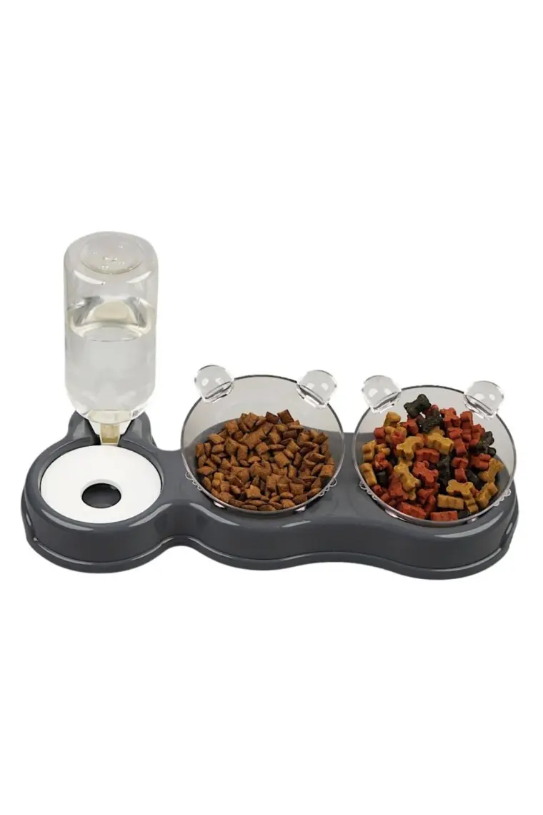 Glipet Çift Hazneli- 3' Lü Beslenme Mama ve Su Kabı Gri 500ML 36*21*16 cm