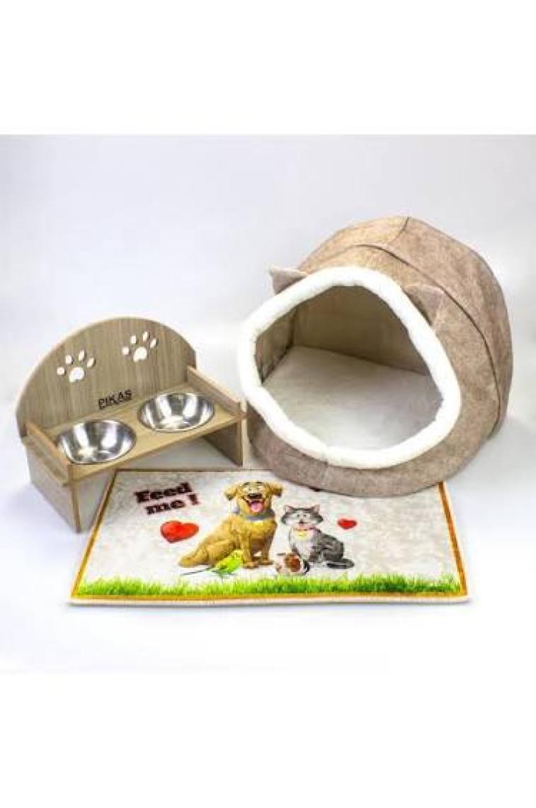 Pikas Alas Bej Keçe Kedi ve Köpek Evi Yatağı-Mama Kabı 2 Kaseli Kedi-Köpek Suluk, Mamalık Paspas Seti