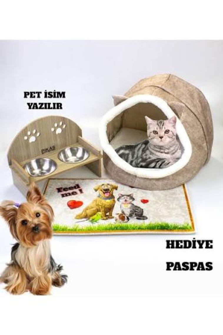 Pikas Alas Bej Keçe Kedi ve Köpek Evi Yatağı-Mama Kabı 2 Kaseli Kedi-Köpek Suluk, Mamalık Paspas Seti