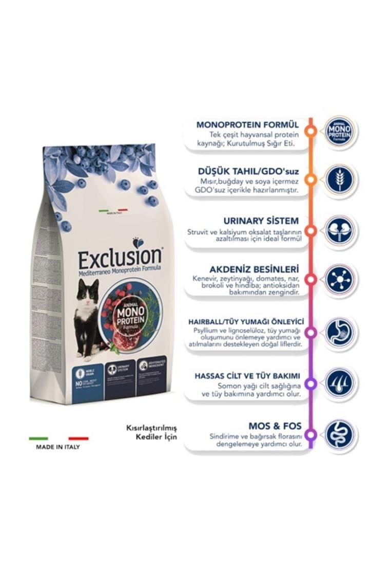 Exclusion Düşük Tahıllı Monoprotein Kısırlaştırılmış Sığır Etli 12 kg Yetişkin Kedi Maması