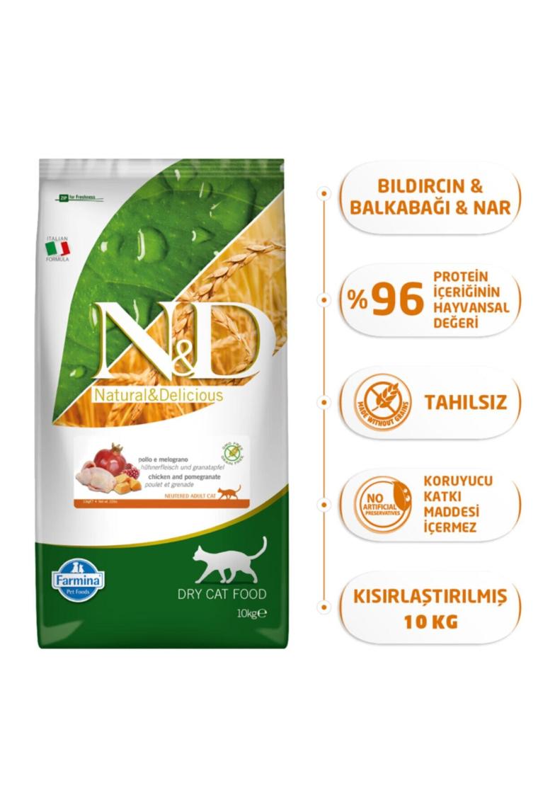 N&D Pumpkin Tahılsız Bıldırcın Etli Balkabaklı ve Narlı Kısırlaştırılmış 10 kg Yetişkin Kuru Kedi Maması