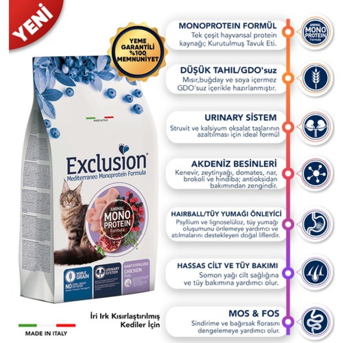 Exclusion Düşük Tahıllı Monoprotein Iri Irk Için Tavuklu Kısırlaştırılmış Kedi Maması 1,5 kg