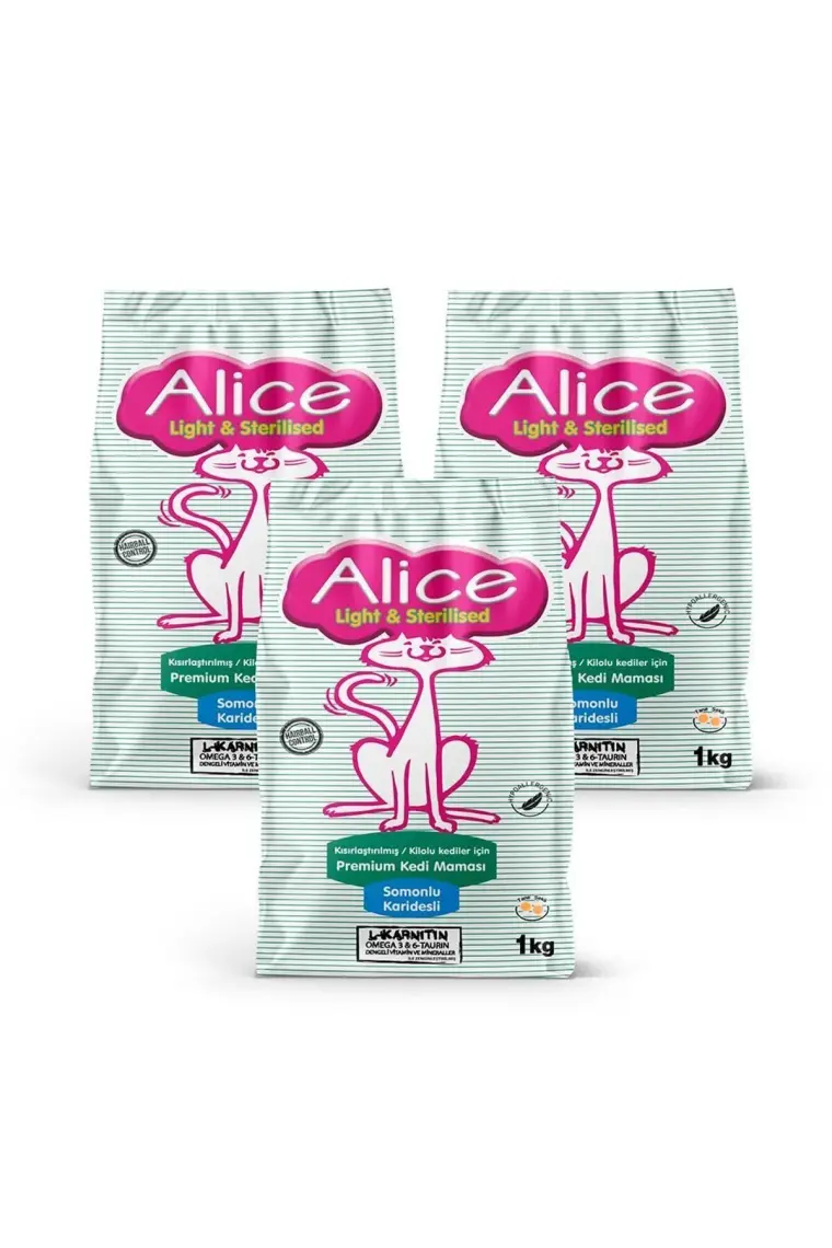 Alice Light & Sterilised Somonlu Karidesli - Kısırlaştırılmış / Kilolu Kediler Için 3x1 kg ( 3 Adet 1 Kg)