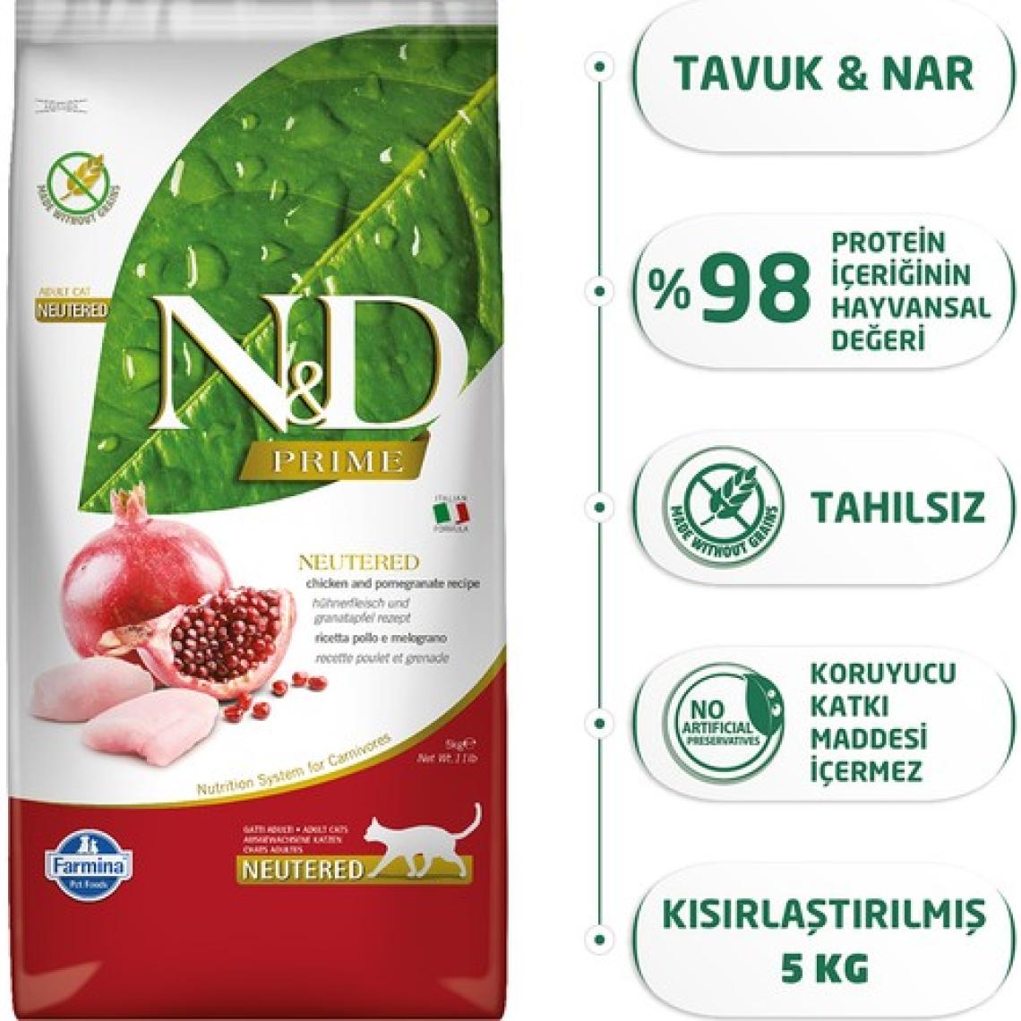 N&D Prime Tahılsız Tavuklu ve Narlı Kısırlaştırılmış 5 kg Yetişkin Kedi Maması