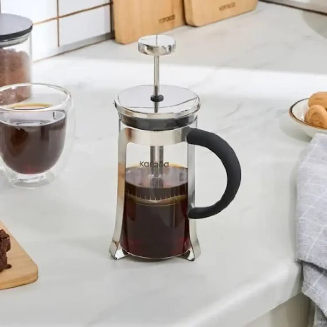 Cookplus x Karaca Coffee Bean Kaşık Hediyeli Borosilikat Cam French Press Metalik 350 Ml