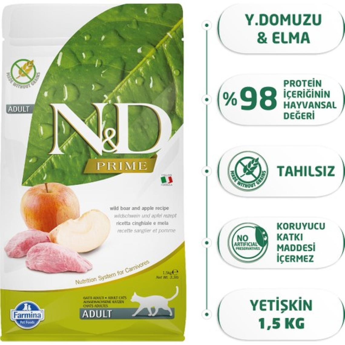 N&D Prime Tahılsız Yaban Domuzlu ve Elmalı 1.5 kg Yetişkin Kedi Maması