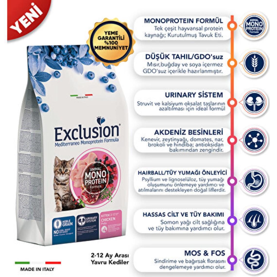 Exclusion Düşük Tahıllı Monoprotein Kitten Tavuklu 1.5 kg Yavru Kedi Maması