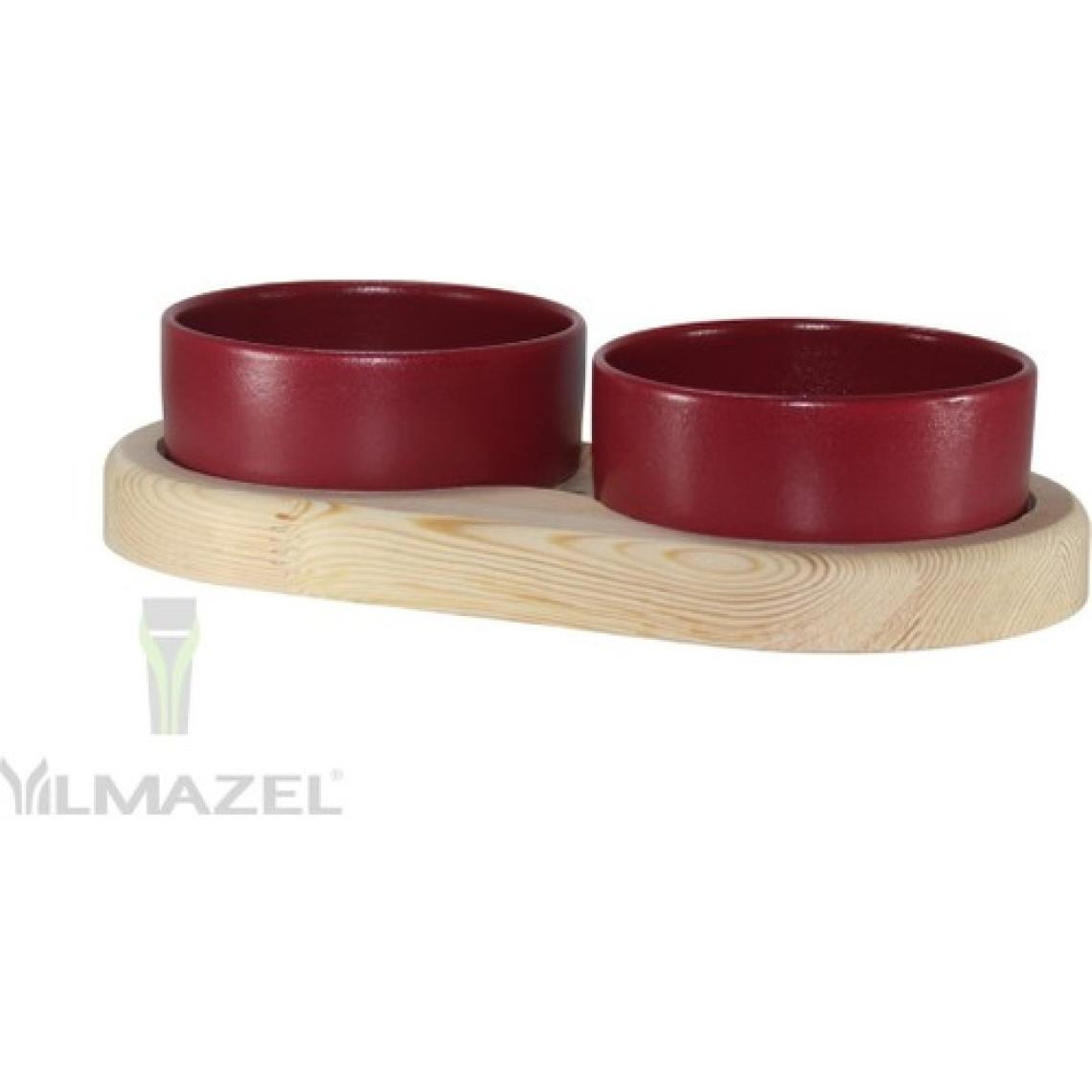 Yılmazel Kedi Köpek Çift Hazneli Mama Su Kabı Doğal Ahşap ve Seramikten Modern Tasarım