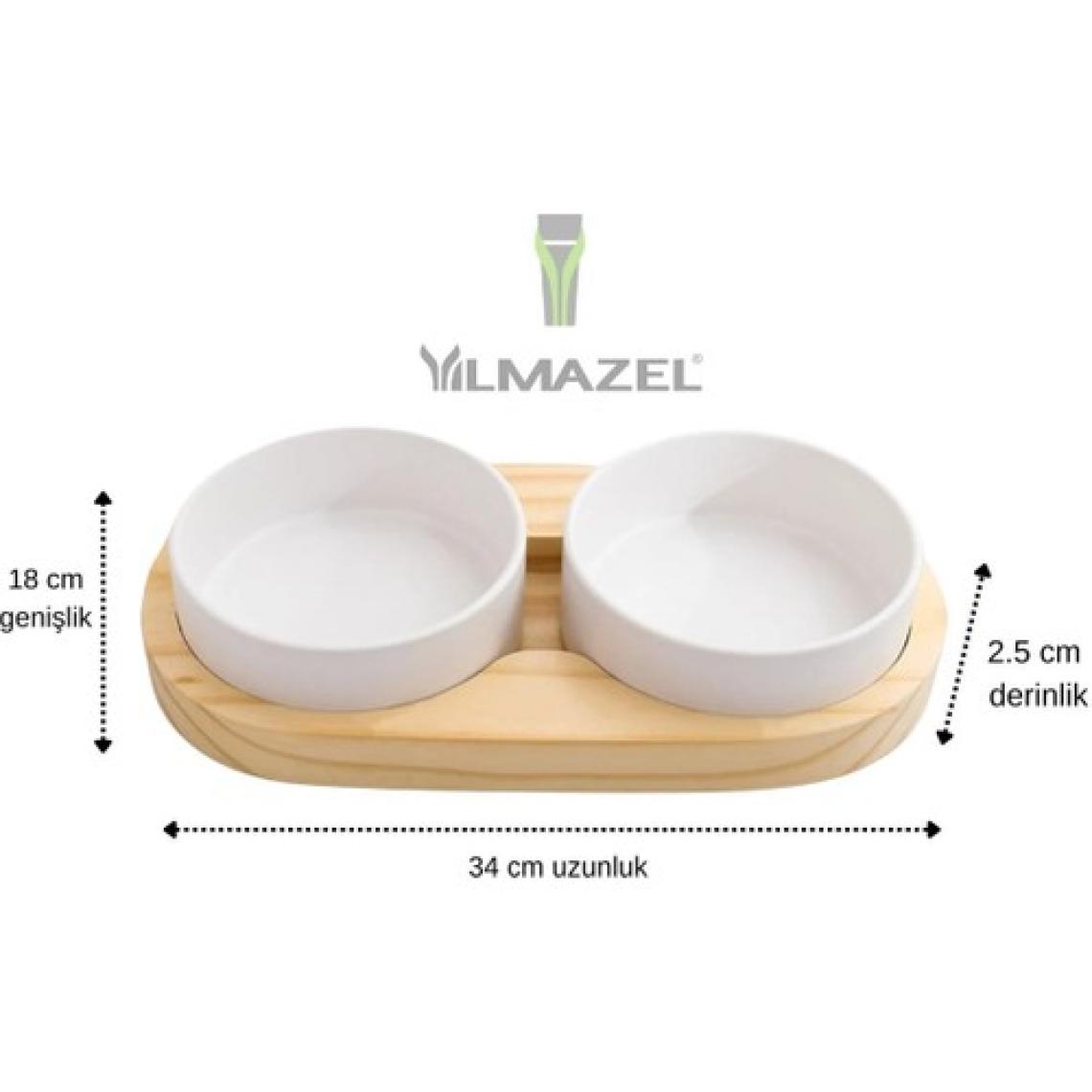 Yılmazel Kedi Köpek Çift Hazneli Mama Su Kabı Doğal Ahşap ve Seramikten Modern Tasarım