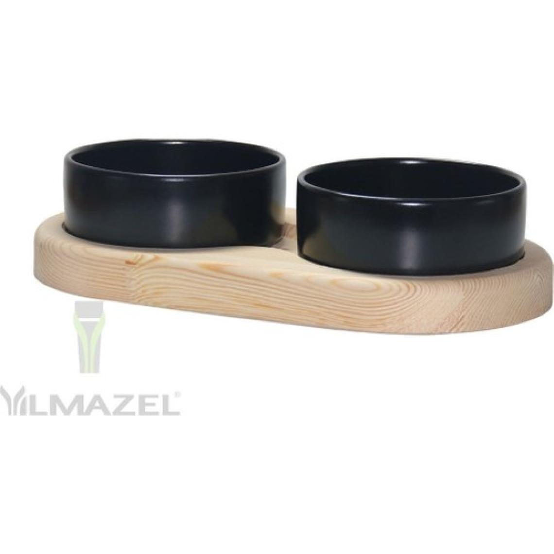 Yılmazel Kedi Köpek Çift Hazneli Mama Su Kabı Doğal Ahşap ve Seramikten Modern Tasarım