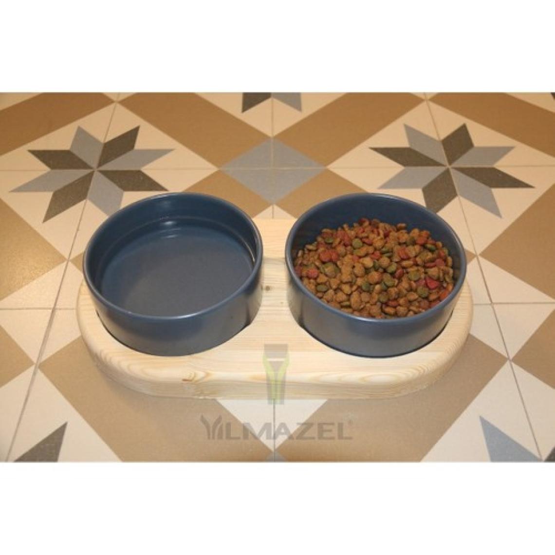 Yılmazel Kedi Köpek Çift Hazneli Mama Su Kabı Doğal Ahşap ve Seramikten Modern Tasarım
