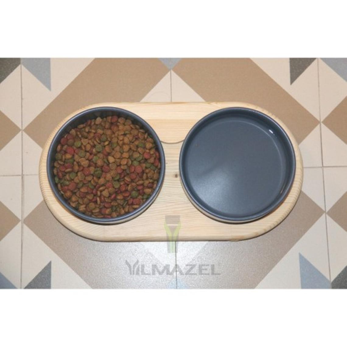 Yılmazel Kedi Köpek Çift Hazneli Mama Su Kabı Doğal Ahşap ve Seramikten Modern Tasarım