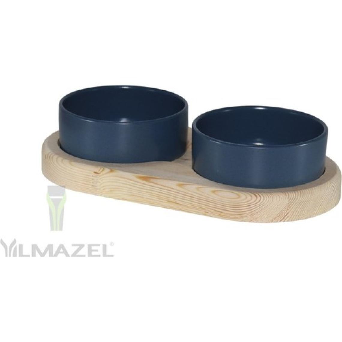 Yılmazel Kedi Köpek Çift Hazneli Mama Su Kabı Doğal Ahşap ve Seramikten Modern Tasarım