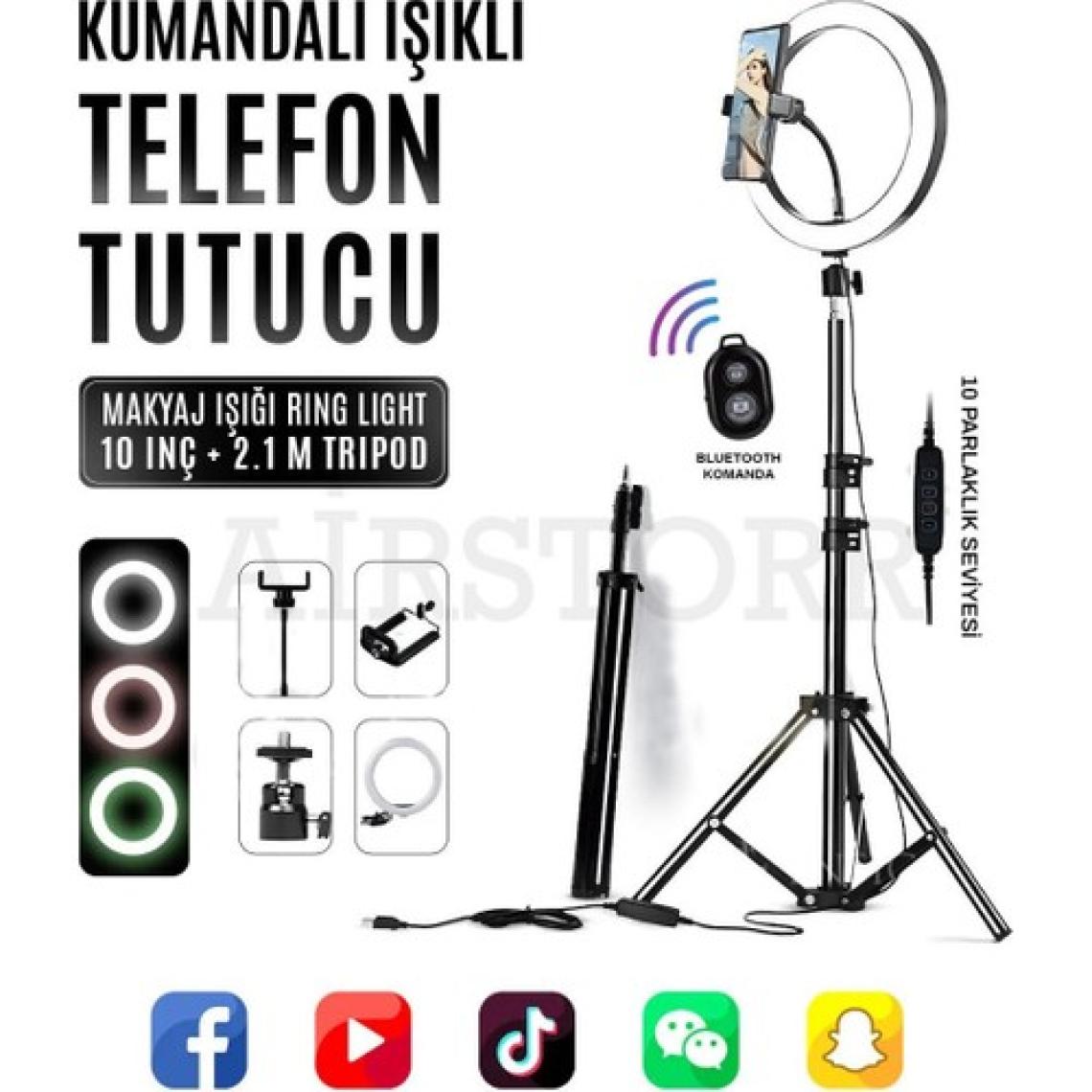 Kumandalı Youtube Tiktok Çekim 3 Işıklı Telefon Tutucu Makyaj Işığı Ring Light 10INÇ+2.1M Tripod