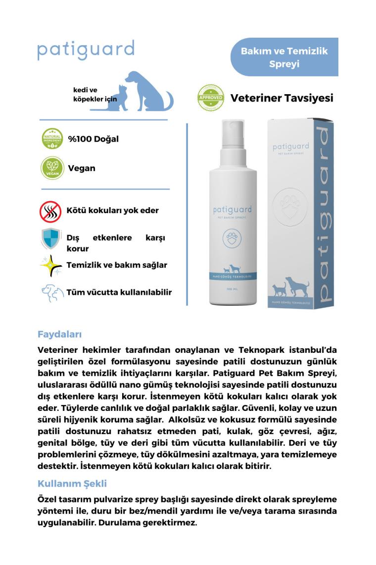 Pet Hijyen Bakım Spreyi Nano Gümüş Evcil Hayvan Kedi Köpek Temizlik Koku Giderici 100ml