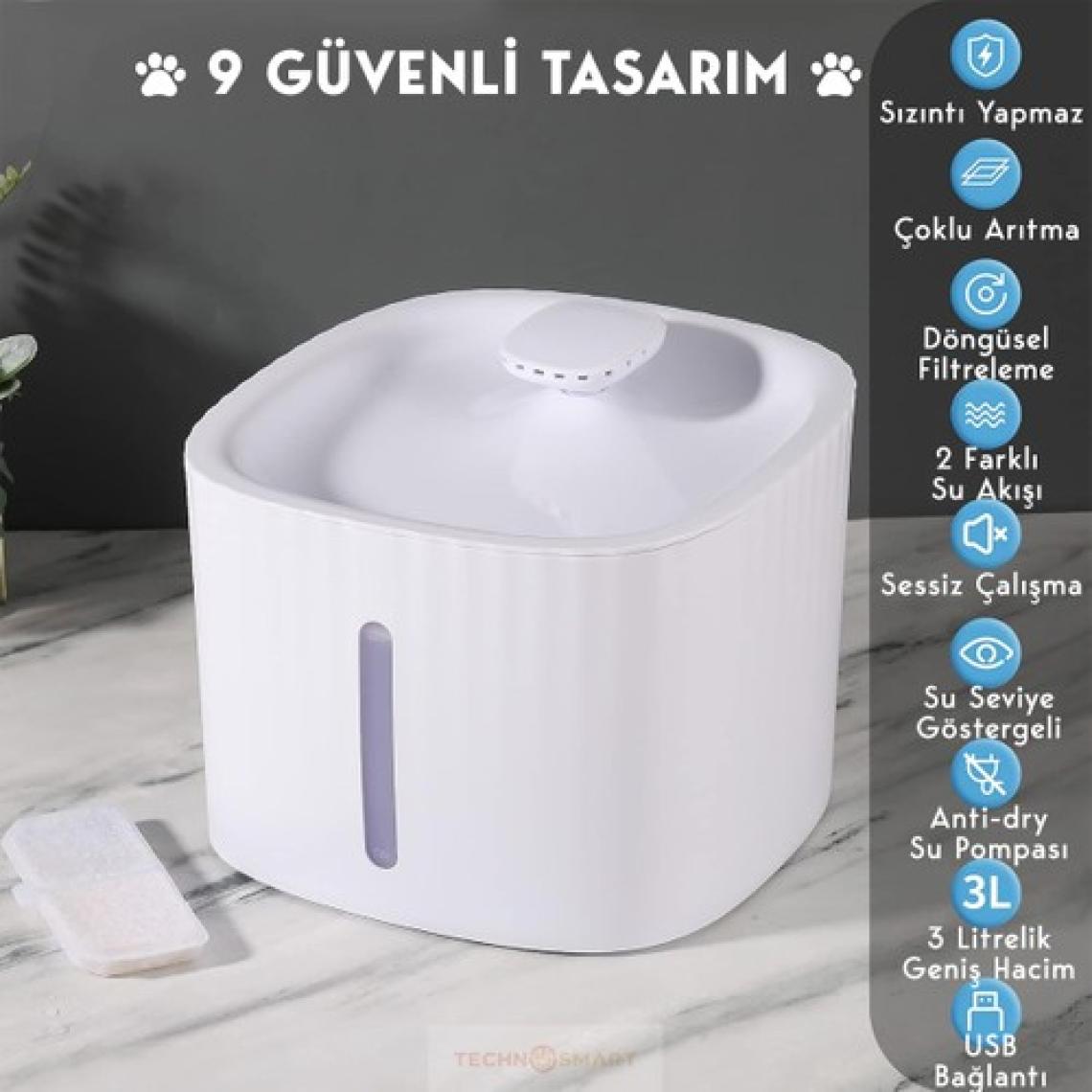 Technosmart Kedi Köpek Su Çeşmesi Su Pınarı Kabı 3 Lt. Seviye Göstergeli 2 Farklı Su Akışlı