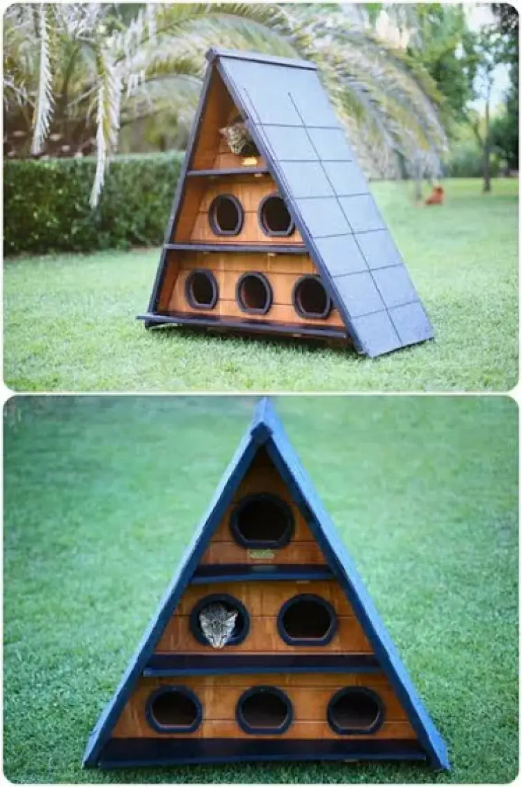 Mandu Ahşap Üçgen Kedi Evi Büyük Boy