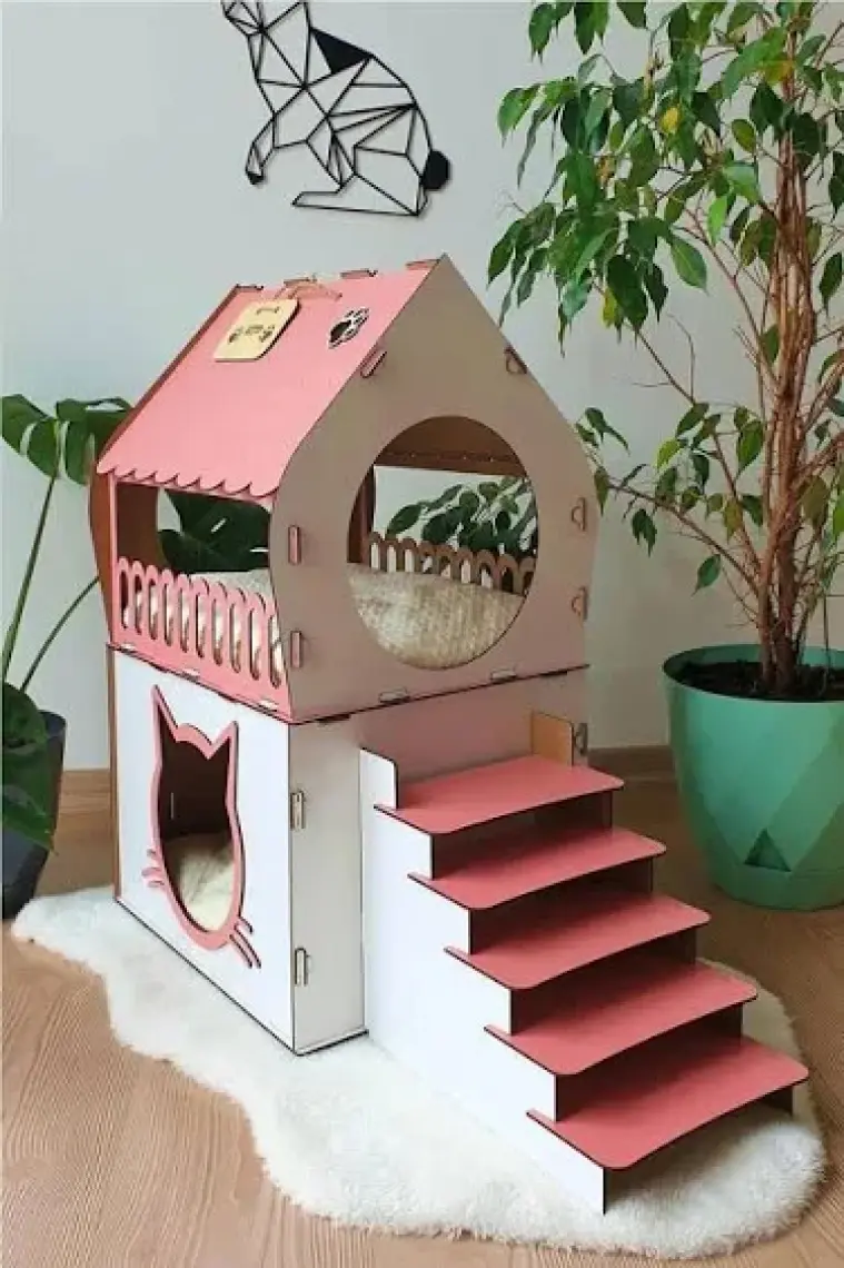 Mavi Trend Dekoratif Ahşap Kedi Evi Teraslı 2 Katlı Merdivenli Kedi Evi Pembe - Beyaz