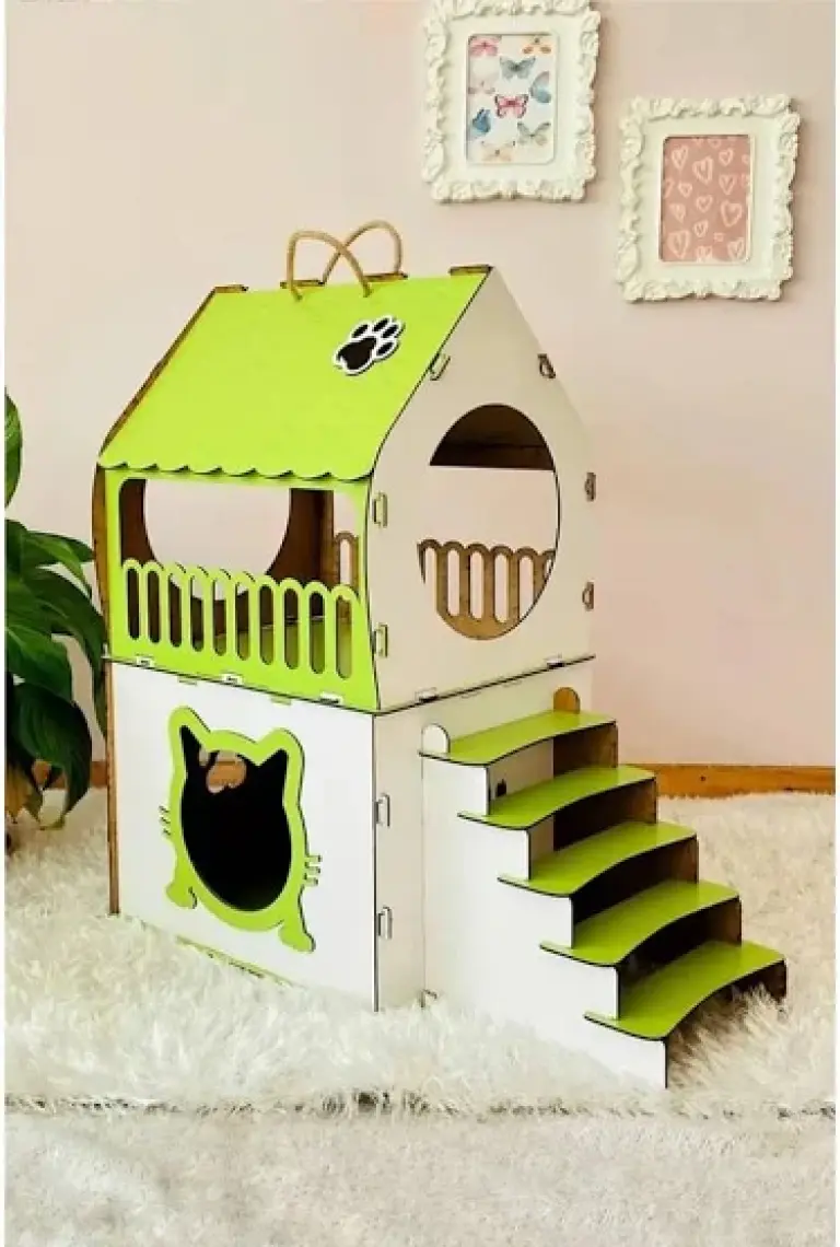 Mavi Trend Dekoratif Ahşap Kedi Evi Teraslı 2 Katlı Merdivenli Kedi Evi Pembe - Beyaz