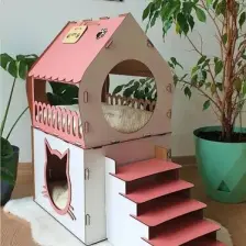 Mavi Trend Dekoratif Ahşap Kedi Evi Teraslı 2 Katlı Merdivenli Kedi Evi Pembe - Beyaz