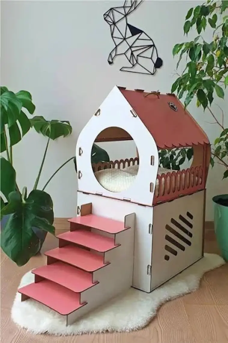 Mavi Trend Dekoratif Ahşap Kedi Evi Teraslı 2 Katlı Merdivenli Kedi Evi Pembe - Beyaz