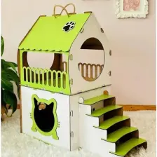 Mavi Trend Dekoratif Ahşap Kedi Evi Teraslı 2 Katlı Merdivenli Kedi Evi Pembe - Beyaz