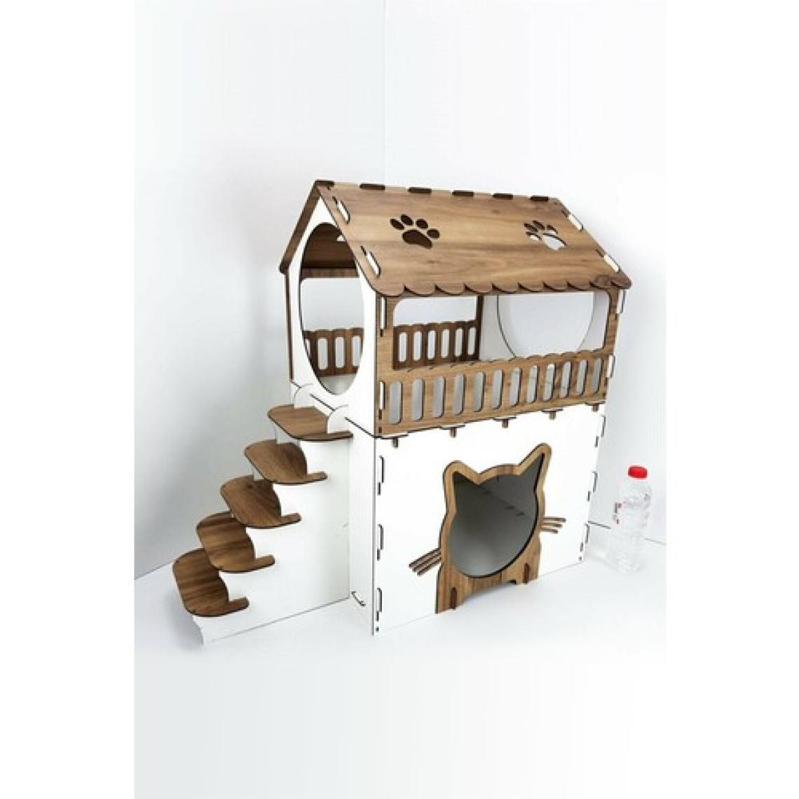 Hobicim Ahşap Dekoratif Iki Katlı Kedi Evi Ceviz Beyaz