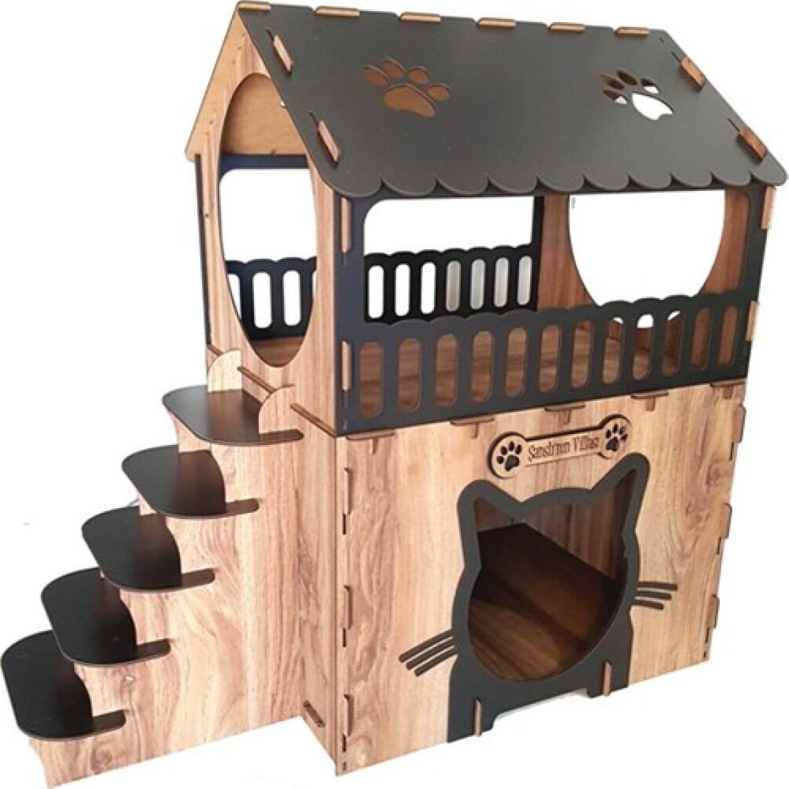 Aswood Teras Katlı Geniş Dayanıklı Kullanışlı Ahşap Kedi Evi