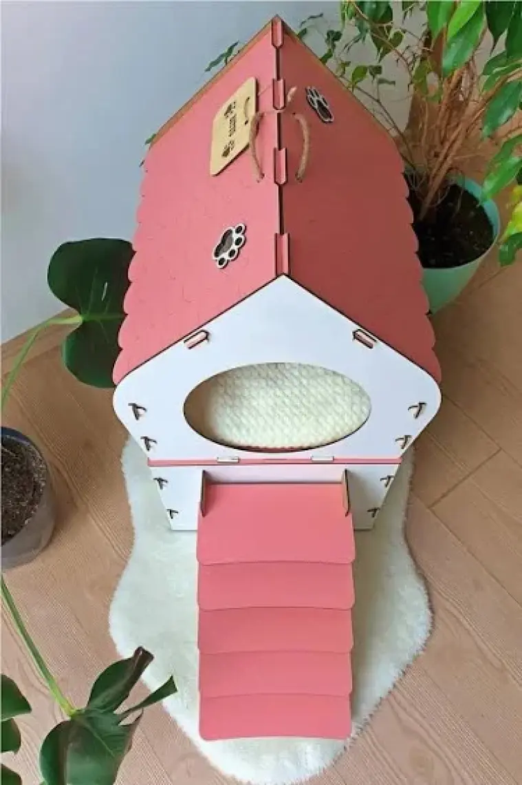 Mavi Trend Dekoratif Ahşap Kedi Evi Teraslı 2 Katlı Merdivenli Kedi Evi Pembe - Beyaz