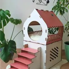 Mavi Trend Dekoratif Ahşap Kedi Evi Teraslı 2 Katlı Merdivenli Kedi Evi Pembe - Beyaz