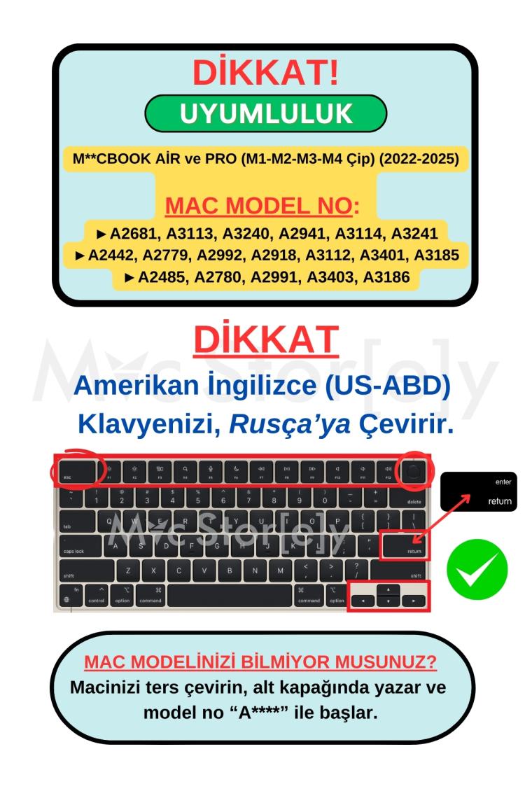 McStorey Rusça Klavye Koruyucu Macbook Air-Pro M1-M2-M3 (Touchıd'li) A2681 A3113 A2941 A3114 A2442 A2779 A2992 A2918 A2485 A2780 A2991 Us Enter ile Uyumlu