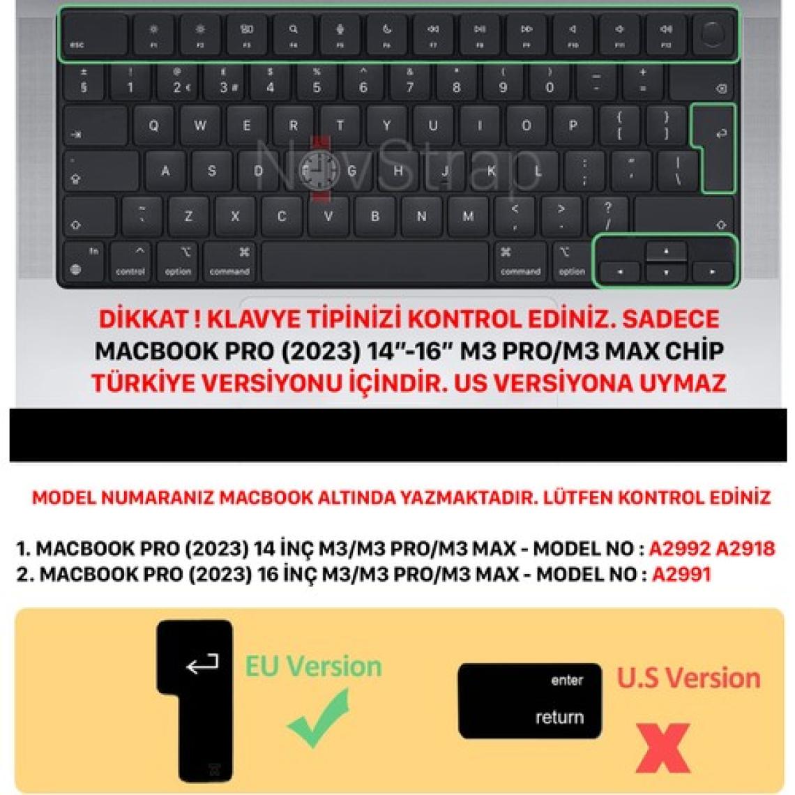 Novstrap Apple Macbook Pro M3 14 Inç A2992 A2918 Uyumlu Türkçe Q Klavye Şeffaf Klavye Koruyucu Kılıf
