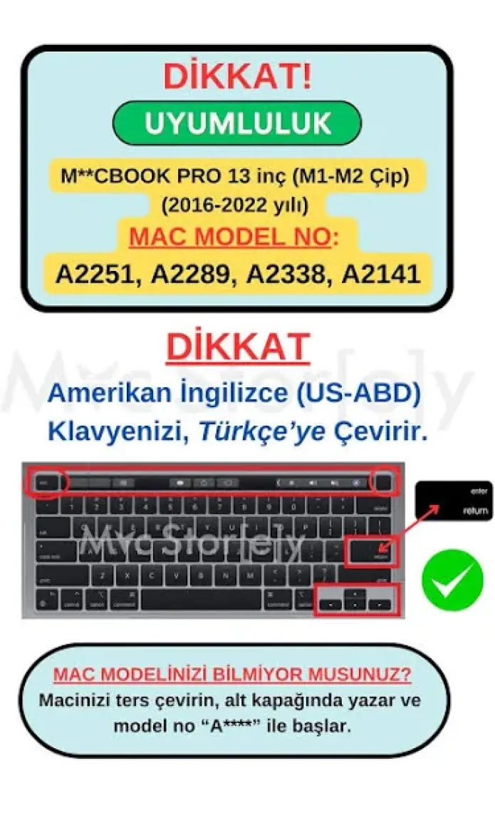 McStorey Macbook Pro Klavye Kılıfı 13inç M1-M2 US-TR A2338 2289 2251 A2141 ile Uyumlu