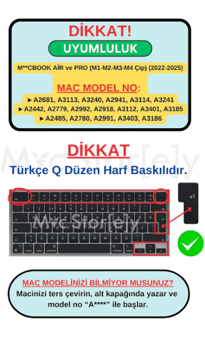 McStorey Macbook Air Pro Klavye Kılıfı Türkçe Q A2681 A2941 A2442 A2485 A2779-80 A2992-91-18 Uyumlu
