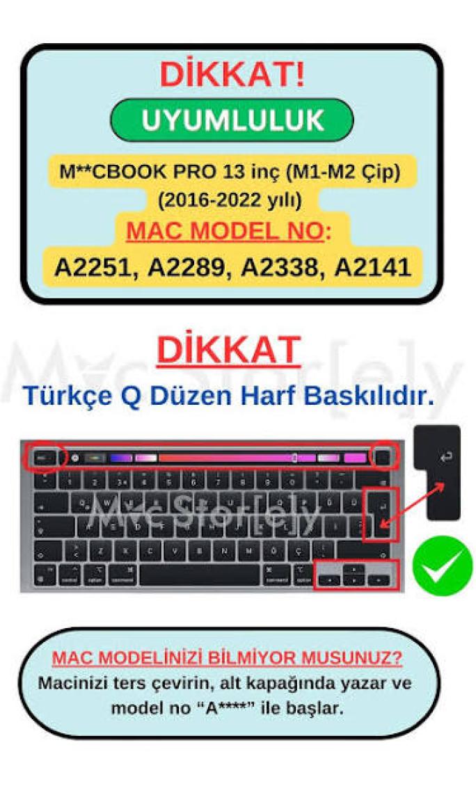 McStorey Macbook Pro Klavye Kılıfı 13inç M1-M2 Türkçe Q Baskı A2338 2289 2251 A2141 ile Uyumlu