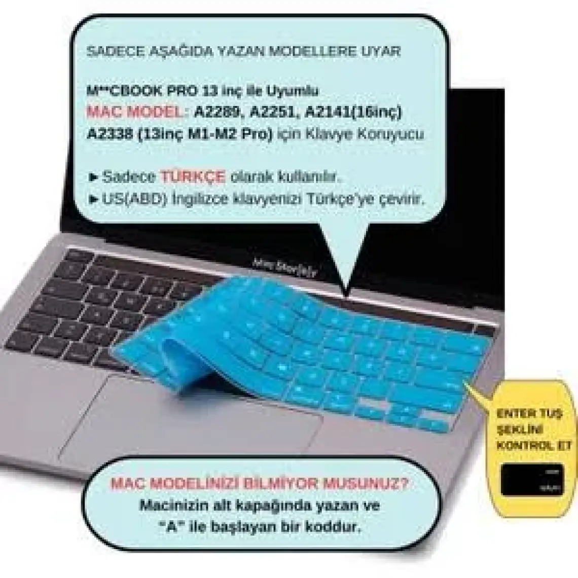 McStorey Macbook Pro Klavye Kılıfı 13inç M1-M2 US-TR A2338 2289 2251 A2141 ile Uyumlu