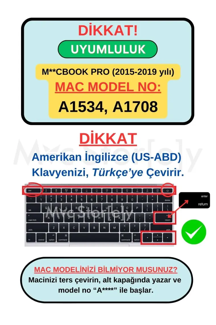McStorey Laptop Macbook Pro Klavye Kılıf US-TR Harf Baskılı A1534 A1708 ile Uyumlu Ombre