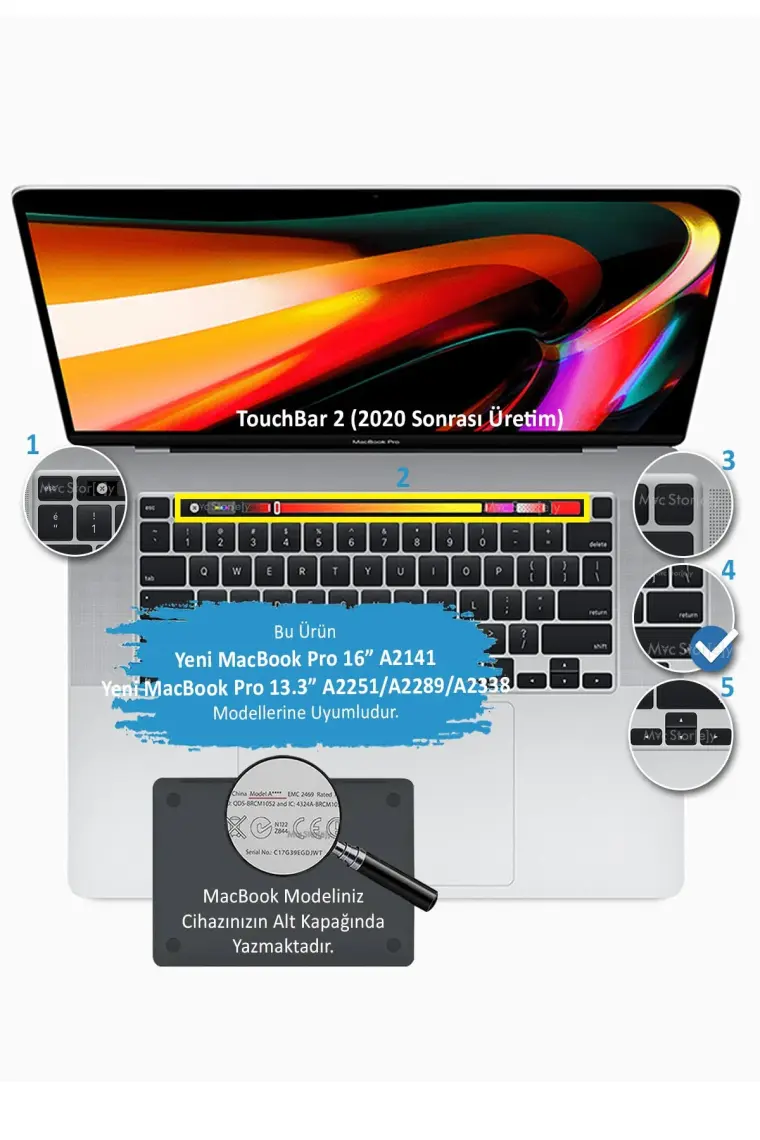 McStorey Macbook Pro Klavye Kılıfı 13inç M1-M2 US(ABD) İngilizce A2338 2289 2251 A2141 Uyumlu