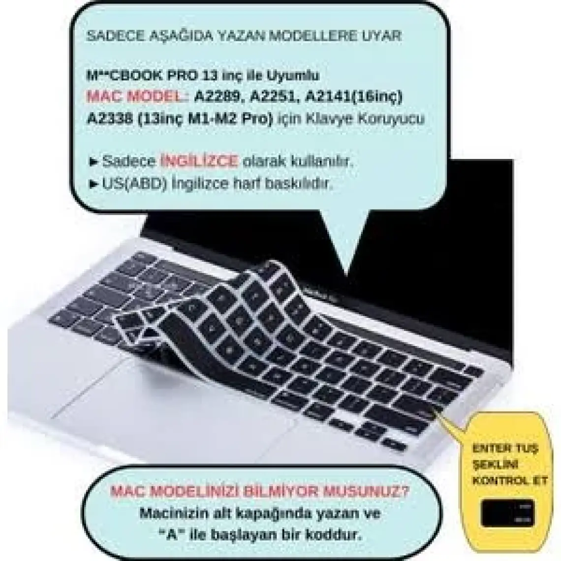 McStorey Macbook Pro Klavye Kılıfı 13inç M1-M2 US(ABD) İngilizce A2338 2289 2251 A2141 Uyumlu