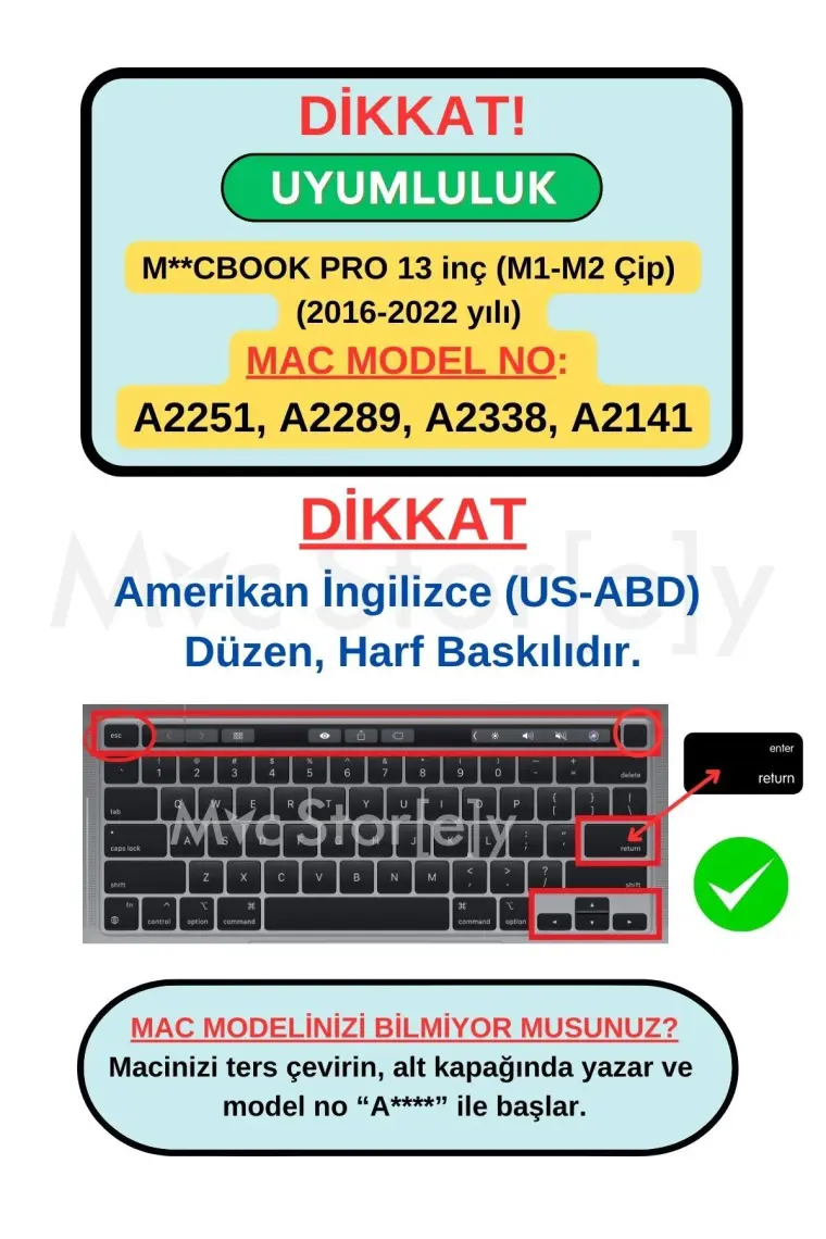 McStorey Macbook Pro Klavye Kılıfı 13inç M1-M2 US(ABD) İngilizce A2338 2289 2251 A2141 Uyumlu