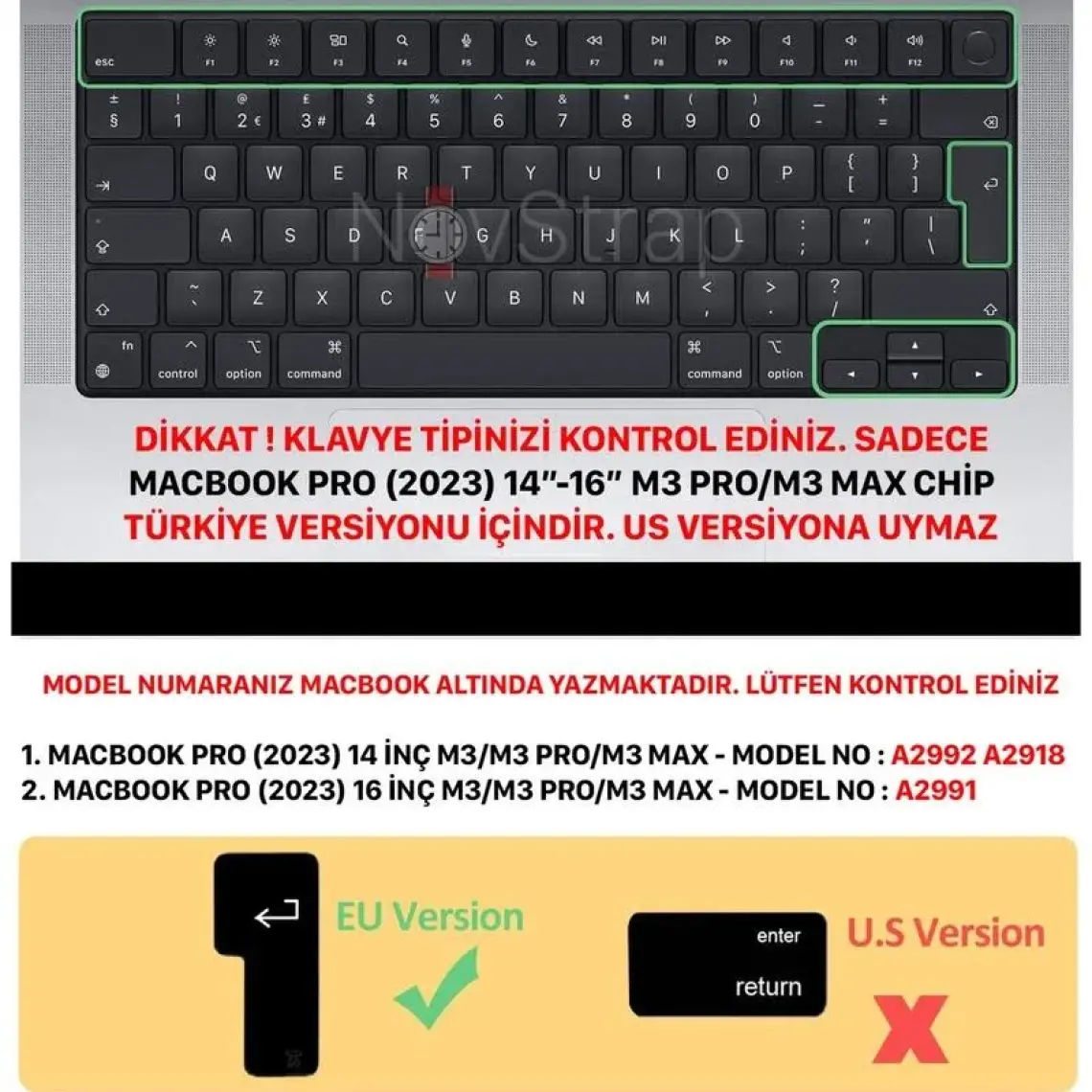 Novstrap Apple Macbook Pro M3 14 Inç A2992 A2918 Uyumlu Türkçe Q Klavye Siyah Klavye Koruyucu Kılıf