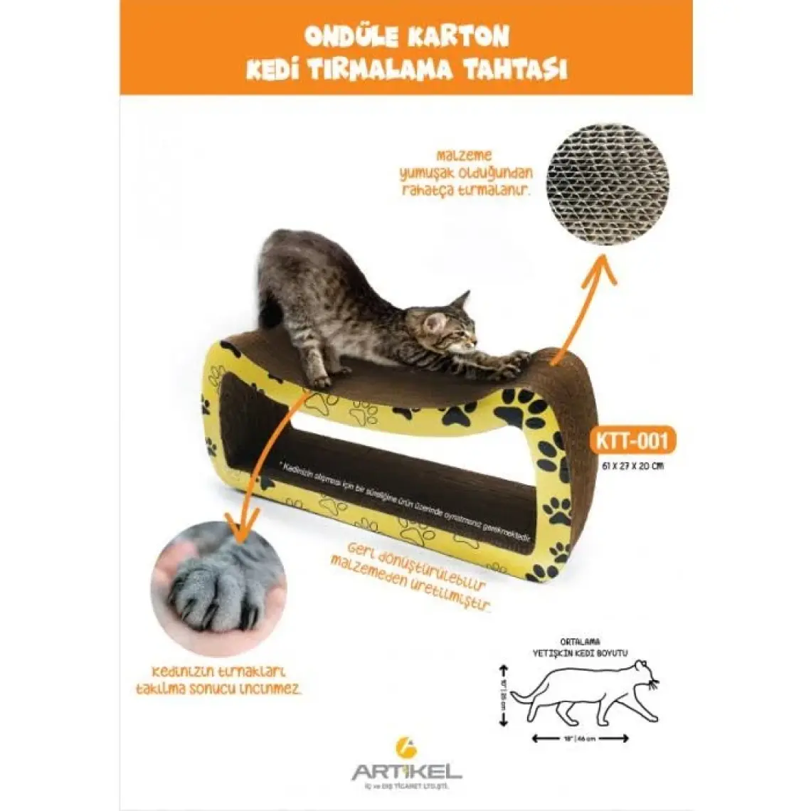 Ondüle Karton, Kedi Tırmalama Tahtası 61x27x20cm, Kedi Tırmalama Rampası