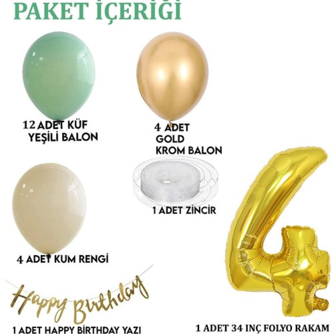 Küf Yeşili Deniz Kumu ve Krom Gold Balonlu Konsept  Doğum Günü Seti