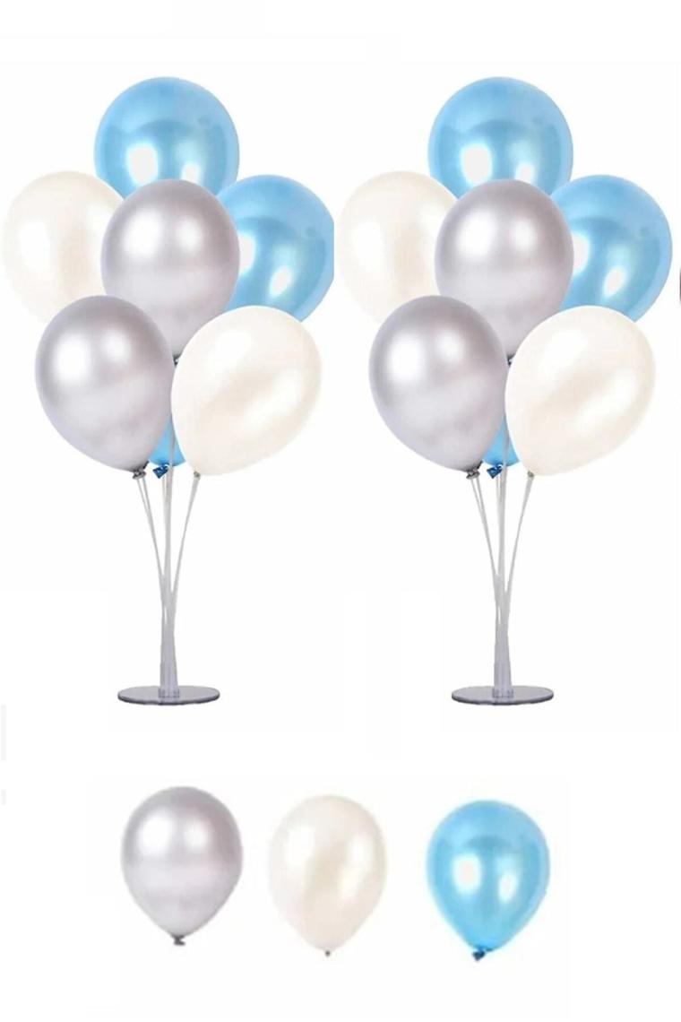 Kidspartim 2 Adet 7 Li Balon Standı ve 14 Adet Beyaz Gümüş Mavi Metalik Balon