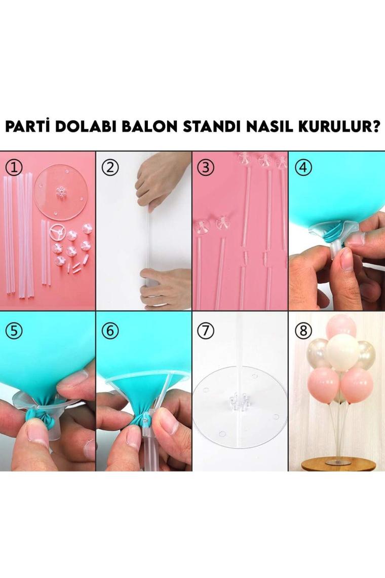 Kidspartim 2 Adet 7 Li Balon Standı ve 14 Adet Beyaz Gümüş Mavi Metalik Balon