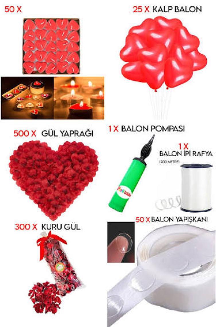 Beysüs 50 Kalp Mum 25 Kalp Balon 500 Gül Yaprağı 300 Kuru Gül 1 Balon Pompası Evlilik Teklifi Paket Set