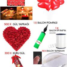 Beysüs 50 Kalp Mum 25 Kalp Balon 500 Gül Yaprağı 300 Kuru Gül 1 Balon Pompası Evlilik Teklifi Paket Set