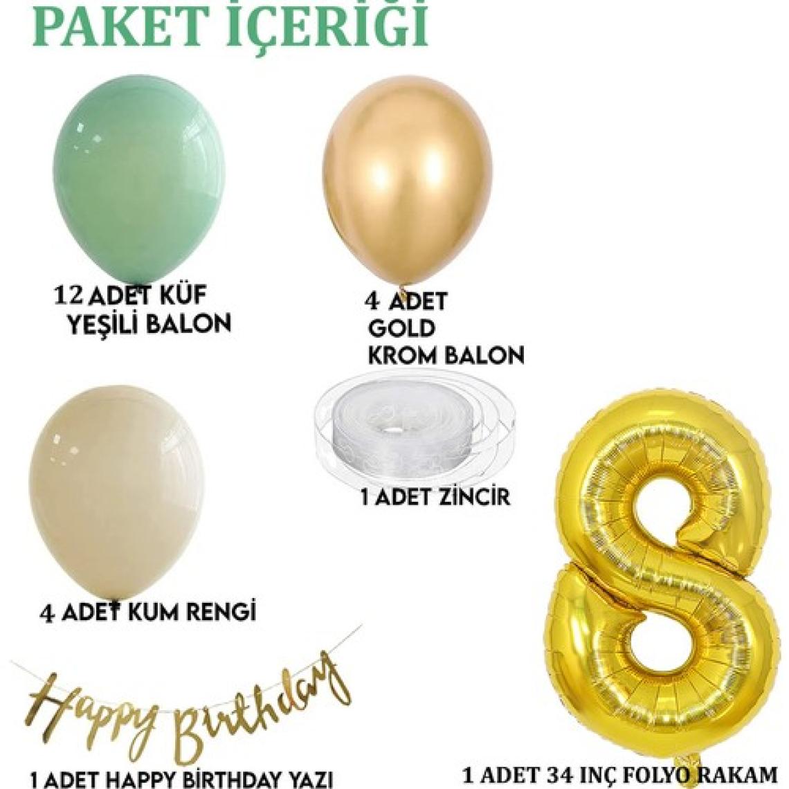 Küf Yeşili Deniz Kumu ve Krom Gold Balonlu Konsept  Doğum Günü Seti
