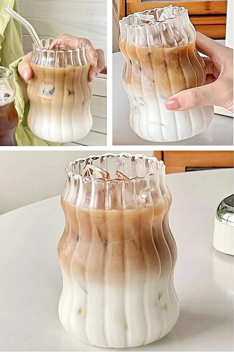 4'lü Sukabağı Latte Cam Pipetli Bardak Seti İskandinav Burgu Tarz Kahve Kokteyl Sunum Bardağı 400ml
