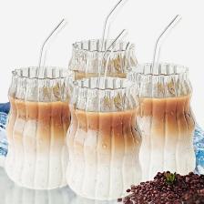 4'lü Sukabağı Latte Cam Pipetli Bardak Seti İskandinav Burgu Tarz Kahve Kokteyl Sunum Bardağı 400ml